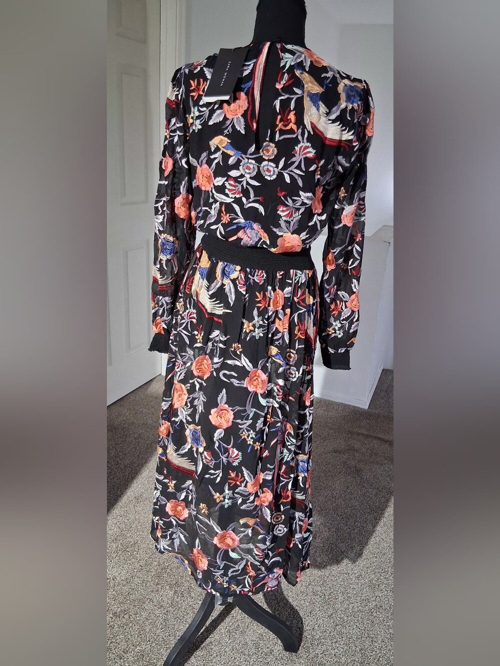 Zara Black Floral Midi Dress with Orange and Blue Accents - Picture 9 of 16